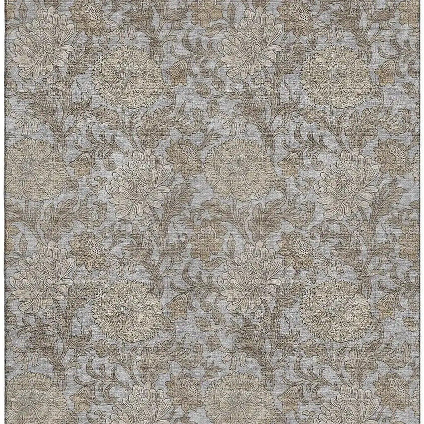 Gray And Silver Floral Washable Area Rug With UV Protection Photo 3