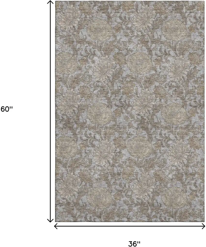 Gray And Silver Floral Washable Area Rug With UV Protection Photo 6