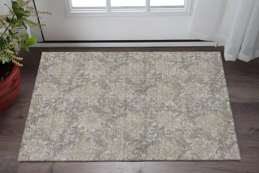 Gray And Silver Floral Washable Area Rug With UV Protection Photo 2