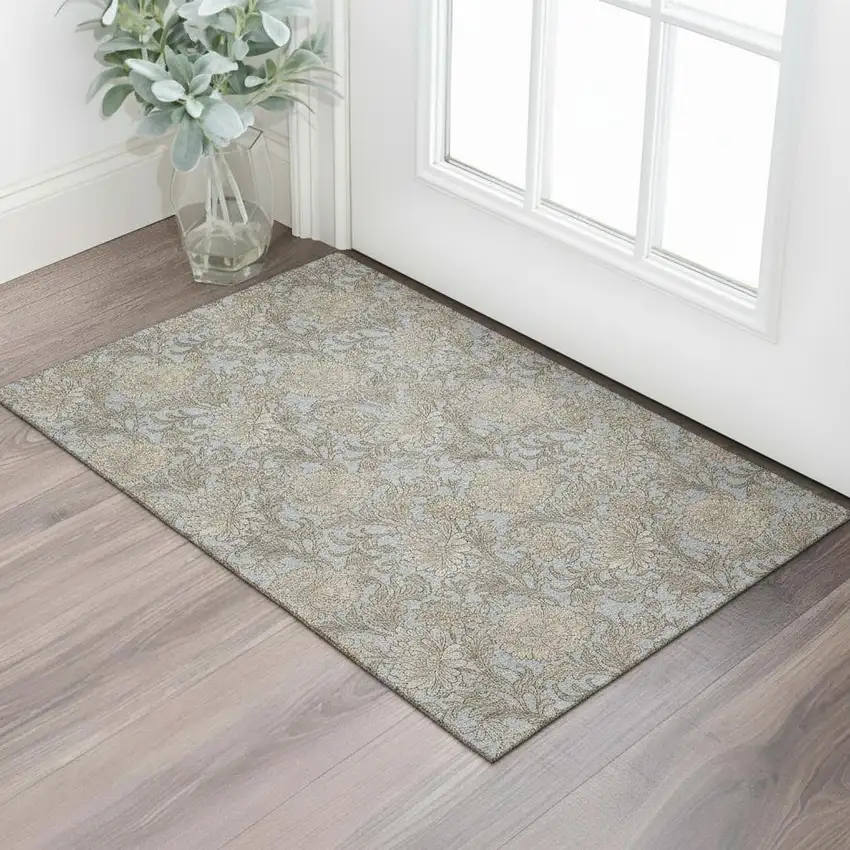 Gray And Silver Floral Washable Area Rug With UV Protection Photo 1