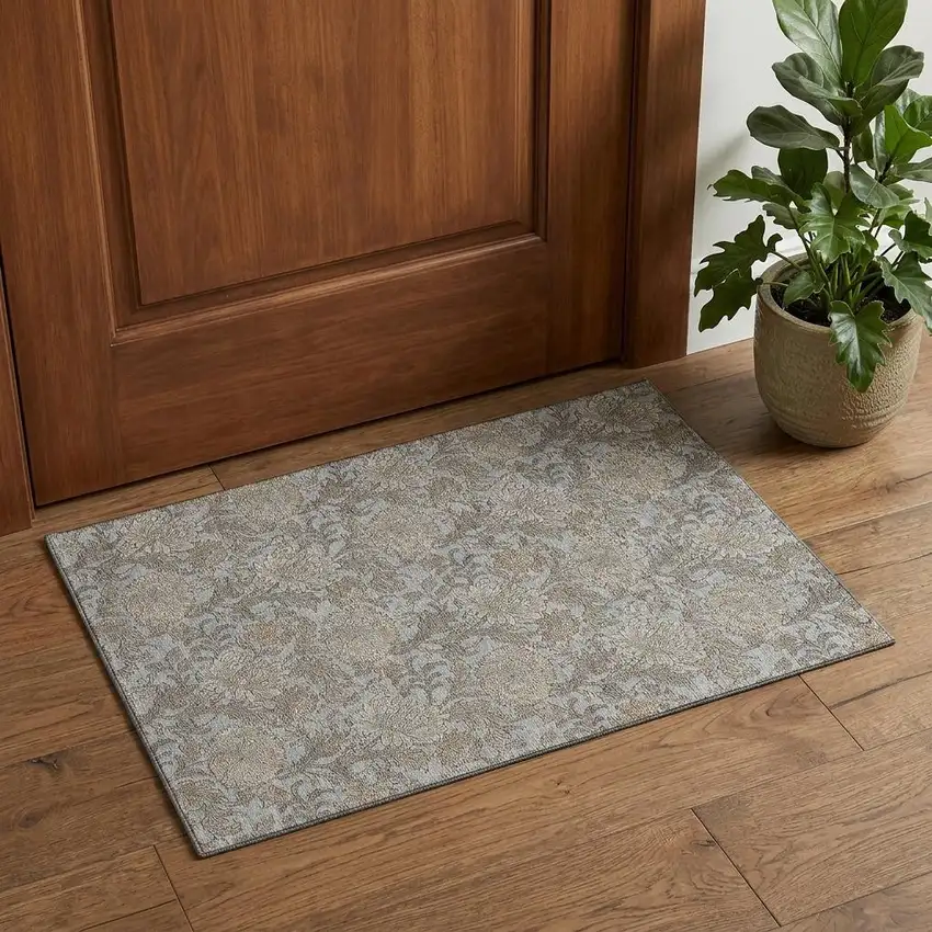 Gray And Silver Floral Washable Area Rug With UV Protection Photo 1