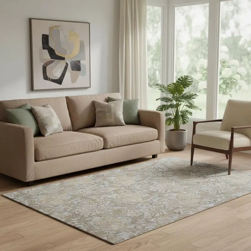 Gray And Silver Floral Washable Area Rug With UV Protection Photo 1