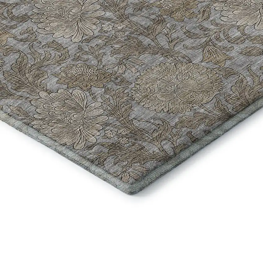 Gray And Silver Floral Washable Area Rug With UV Protection Photo 8