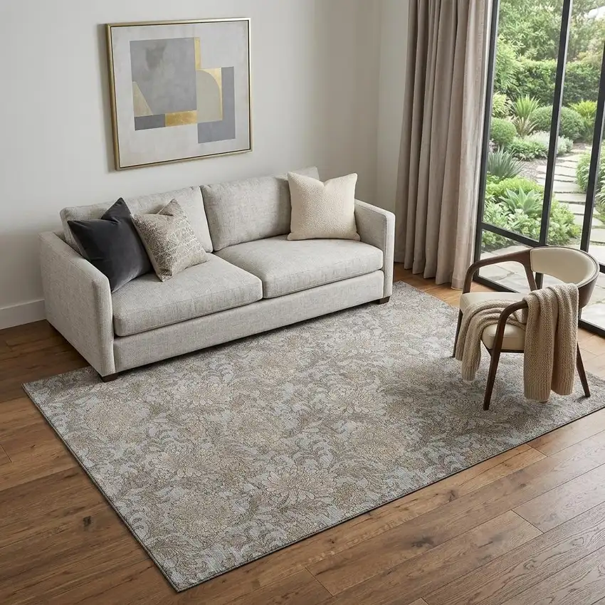 Gray And Silver Floral Washable Area Rug With UV Protection Photo 1