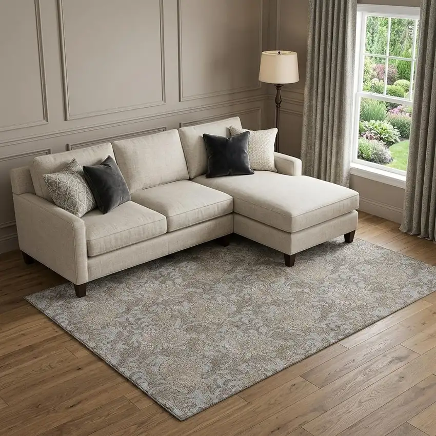 Gray And Silver Floral Washable Area Rug With UV Protection Photo 1