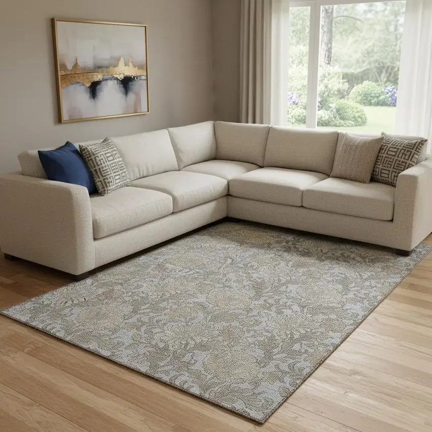 Gray And Silver Floral Washable Area Rug With UV Protection Photo 1