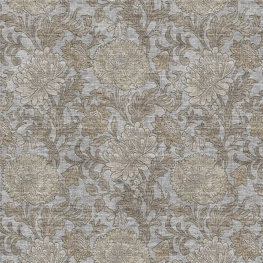 Gray And Silver Floral Washable Area Rug With UV Protection Photo 5