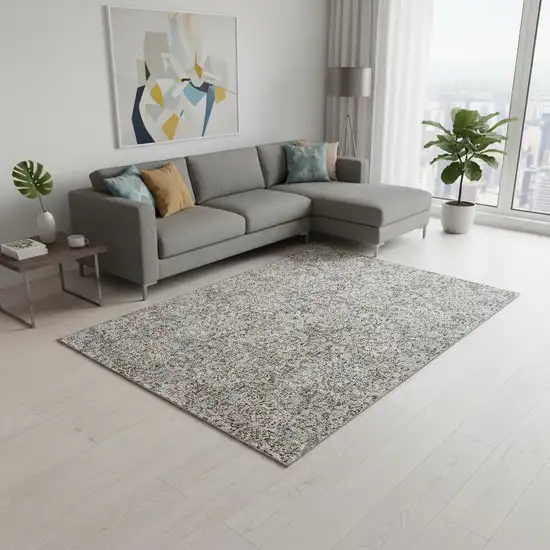 Gray And Silver Floral Washable Area Rug With UV Protection Photo 1