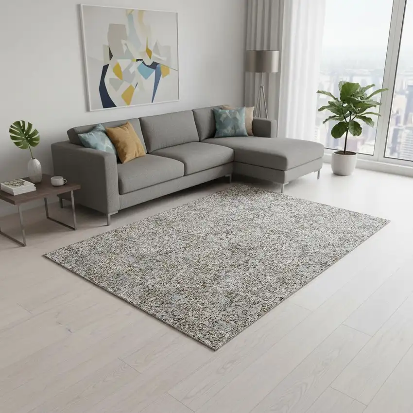 Gray And Silver Floral Washable Area Rug With UV Protection Photo 1