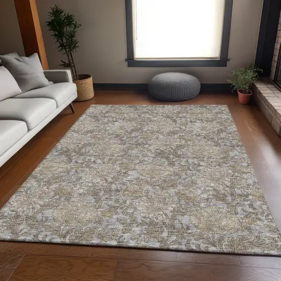 Gray And Silver Floral Washable Area Rug With UV Protection Photo 7