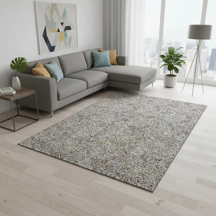Gray And Silver Floral Washable Area Rug With UV Protection Photo 3