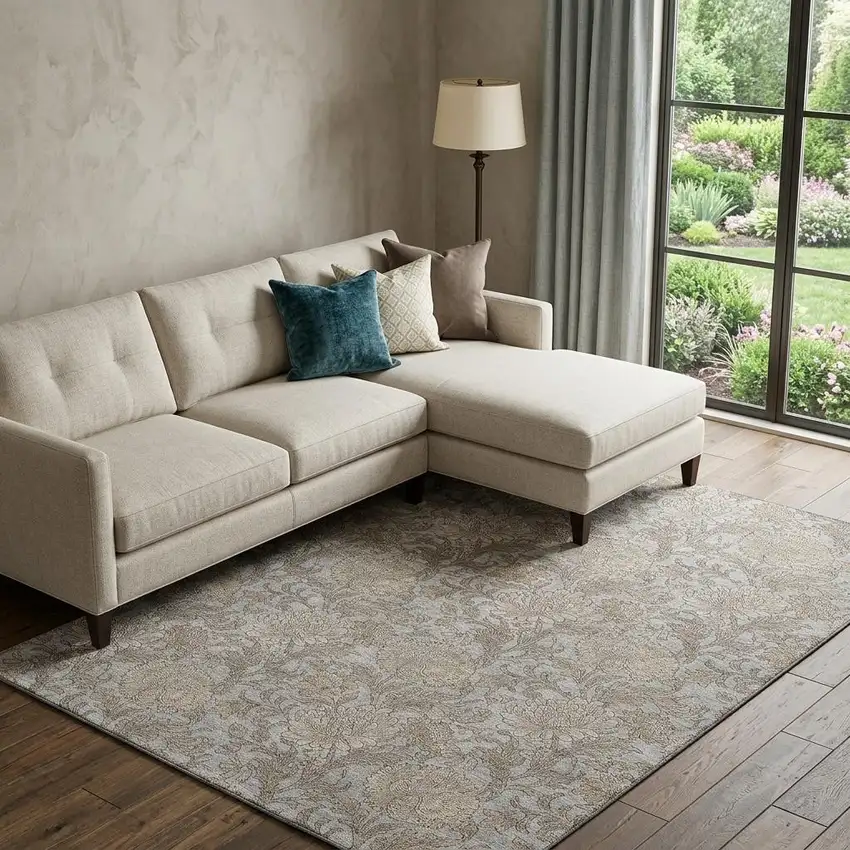 Gray And Silver Floral Washable Area Rug With UV Protection Photo 1
