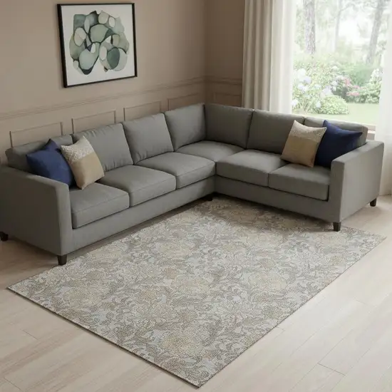 Gray And Silver Floral Washable Area Rug With UV Protection Photo 1