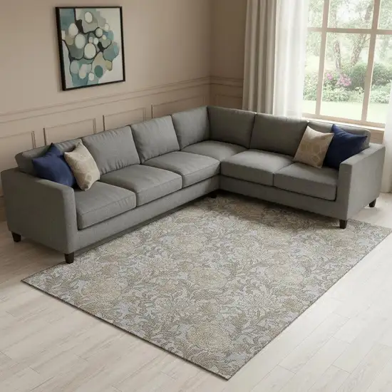 Gray And Silver Floral Washable Area Rug With UV Protection Photo 1