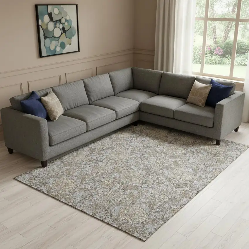 Gray And Silver Floral Washable Area Rug With UV Protection Photo 1