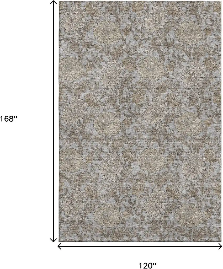 Gray And Silver Floral Washable Area Rug With UV Protection Photo 4