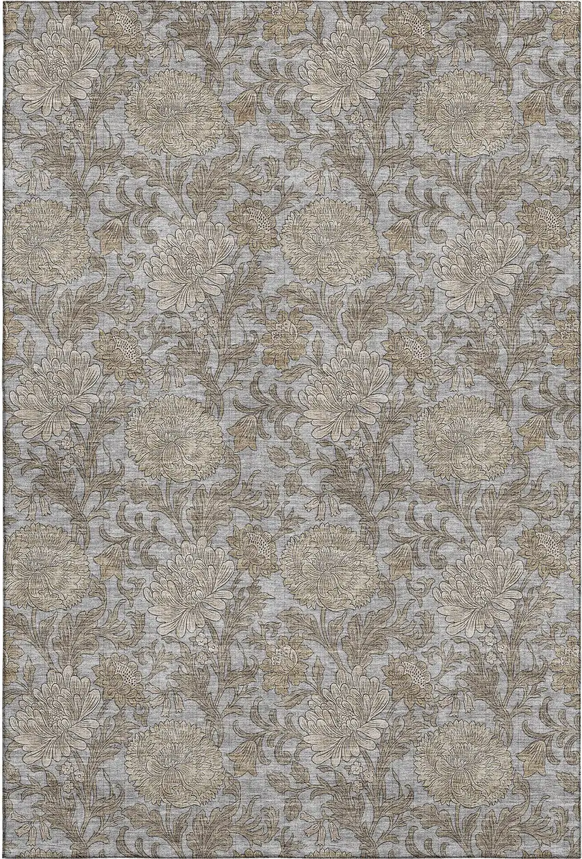 Gray And Silver Floral Washable Area Rug With UV Protection Photo 2
