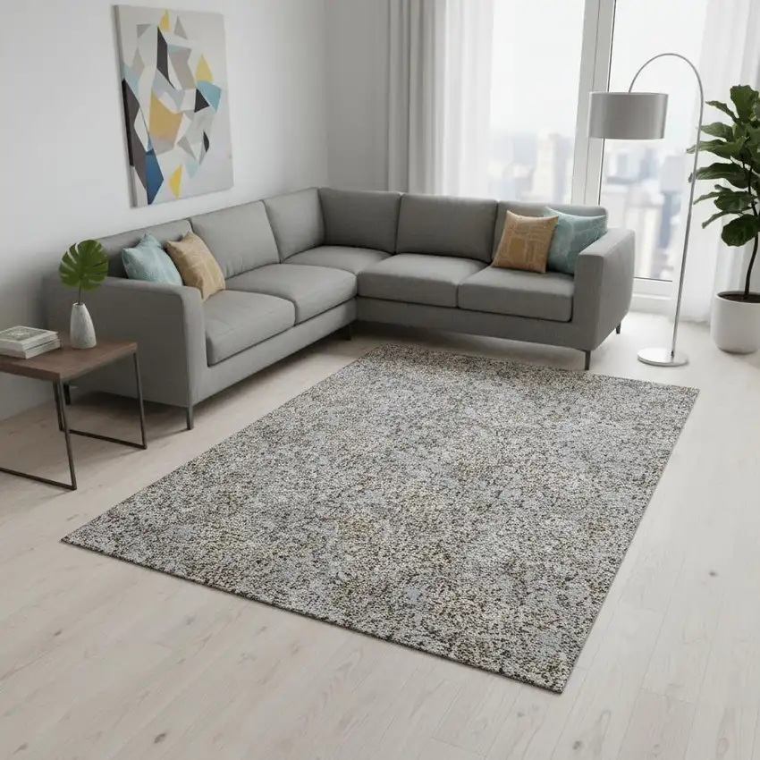 Gray And Silver Floral Washable Area Rug With UV Protection Photo 3