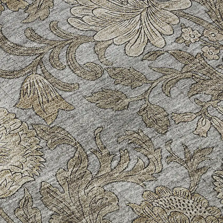 Gray And Silver Floral Washable Area Rug With UV Protection Photo 9