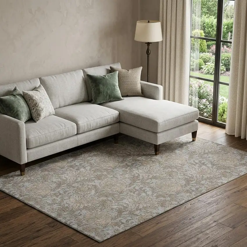 Gray And Silver Floral Washable Area Rug With UV Protection Photo 1
