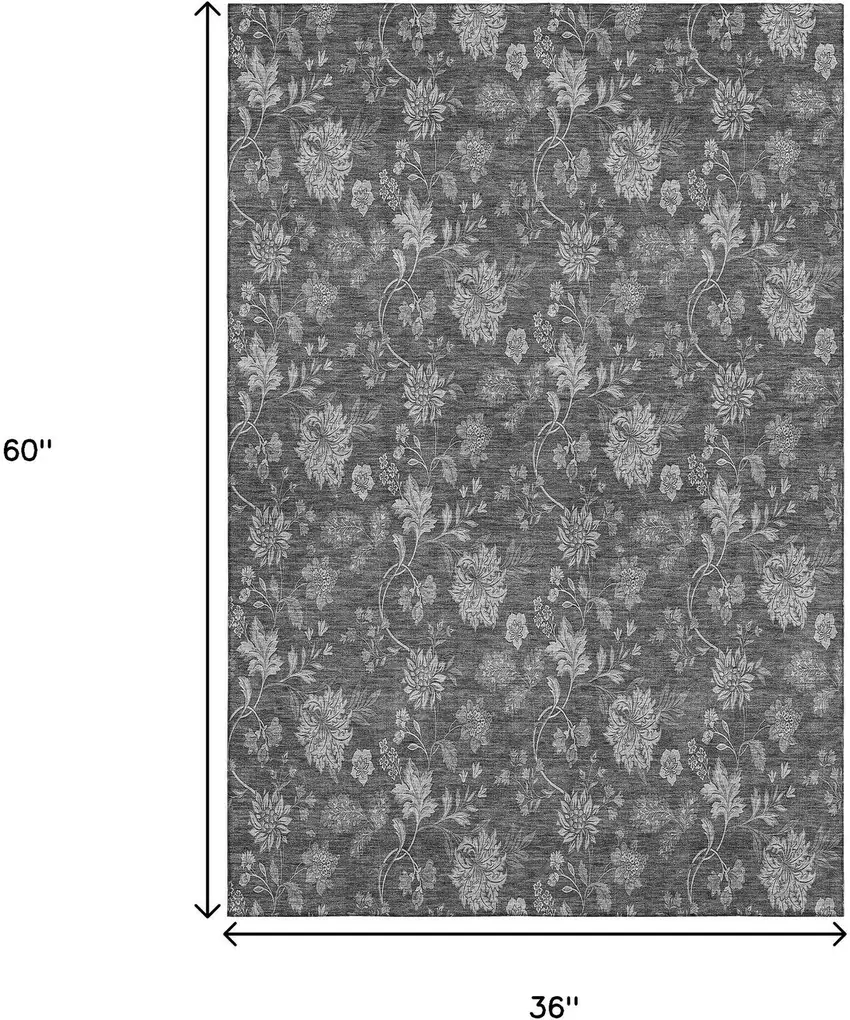 Gray And Silver Floral Washable Area Rug With UV Protection Photo 5