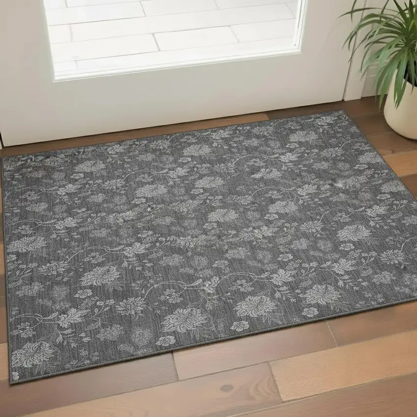 Gray And Silver Floral Washable Area Rug With UV Protection Photo 1
