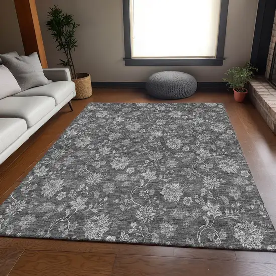 Gray And Silver Floral Washable Area Rug With UV Protection Photo 3