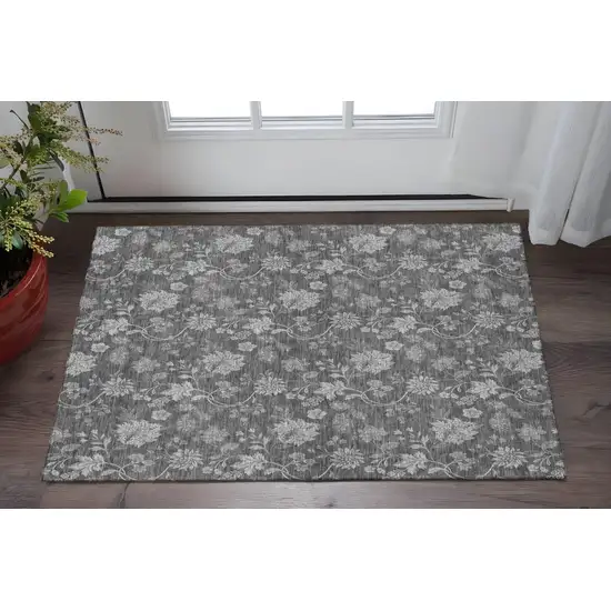 Gray And Silver Floral Washable Area Rug With UV Protection Photo 2