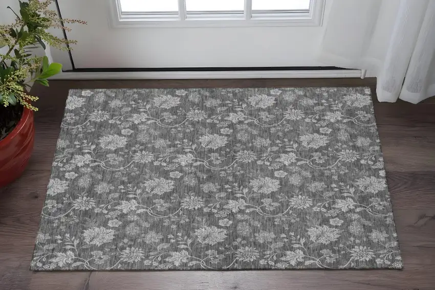 Gray And Silver Floral Washable Area Rug With UV Protection Photo 2