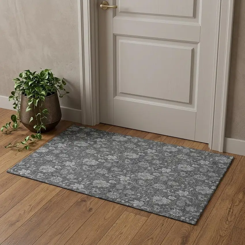 Gray And Silver Floral Washable Area Rug With UV Protection Photo 1