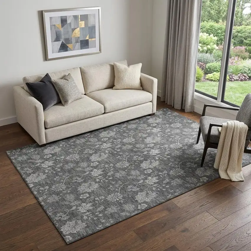 Gray And Silver Floral Washable Area Rug With UV Protection Photo 1