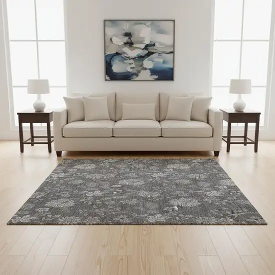 Gray And Silver Floral Washable Area Rug With UV Protection Photo 1