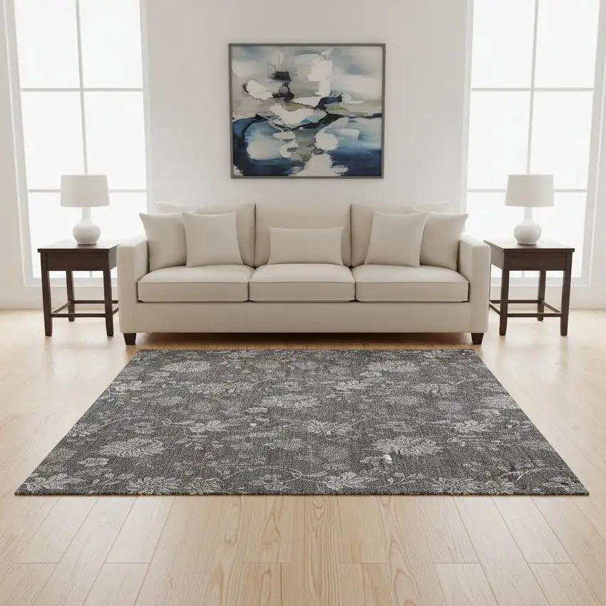 Gray And Silver Floral Washable Area Rug With UV Protection Photo 1