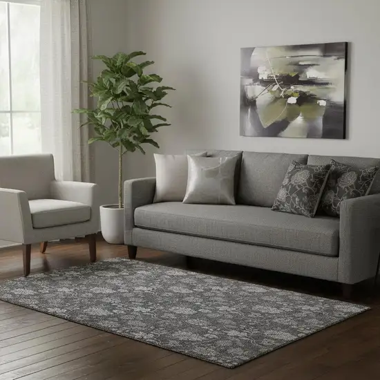 Gray And Silver Floral Washable Area Rug With UV Protection Photo 1