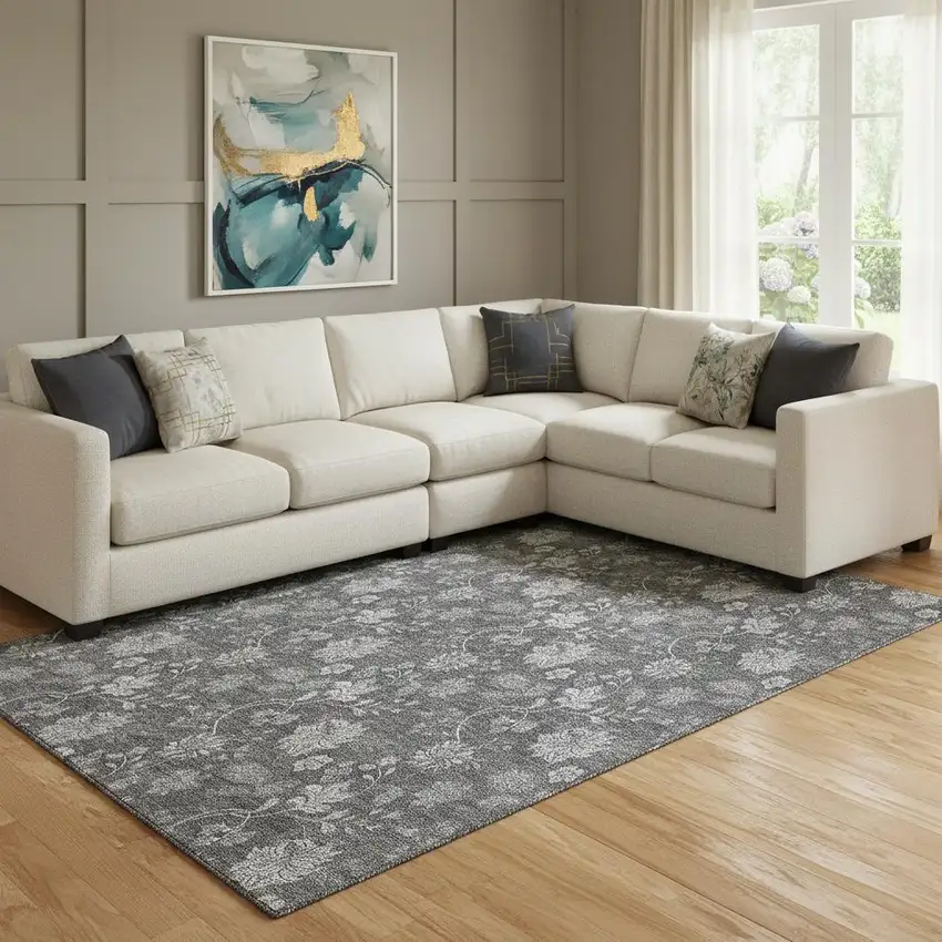 Gray And Silver Floral Washable Area Rug With UV Protection Photo 1