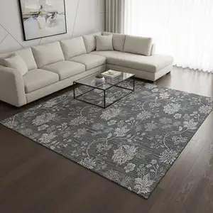 Photo of Gray And Silver Floral Washable Area Rug With UV Protection