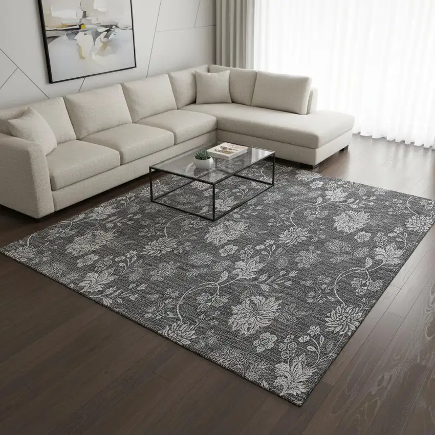 Gray And Silver Floral Washable Area Rug With UV Protection Photo 1