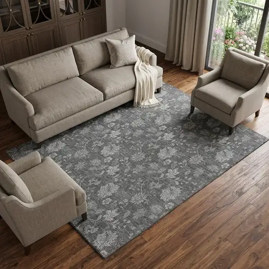 Gray And Silver Floral Washable Area Rug With UV Protection Photo 1