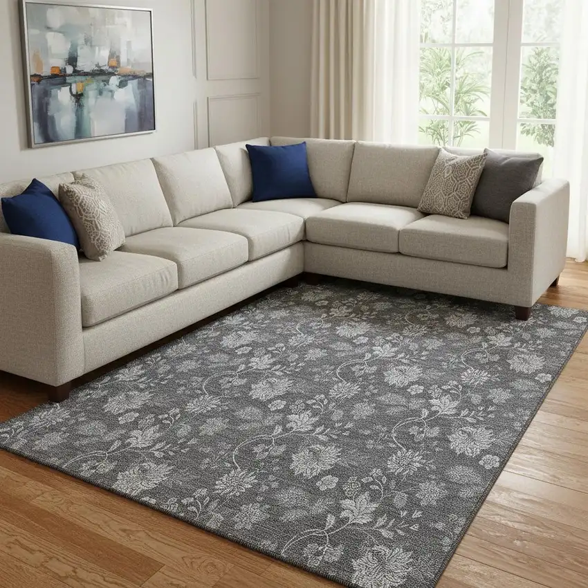 Gray And Silver Floral Washable Area Rug With UV Protection Photo 1