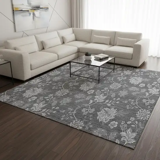 Gray And Silver Floral Washable Area Rug With UV Protection Photo 1