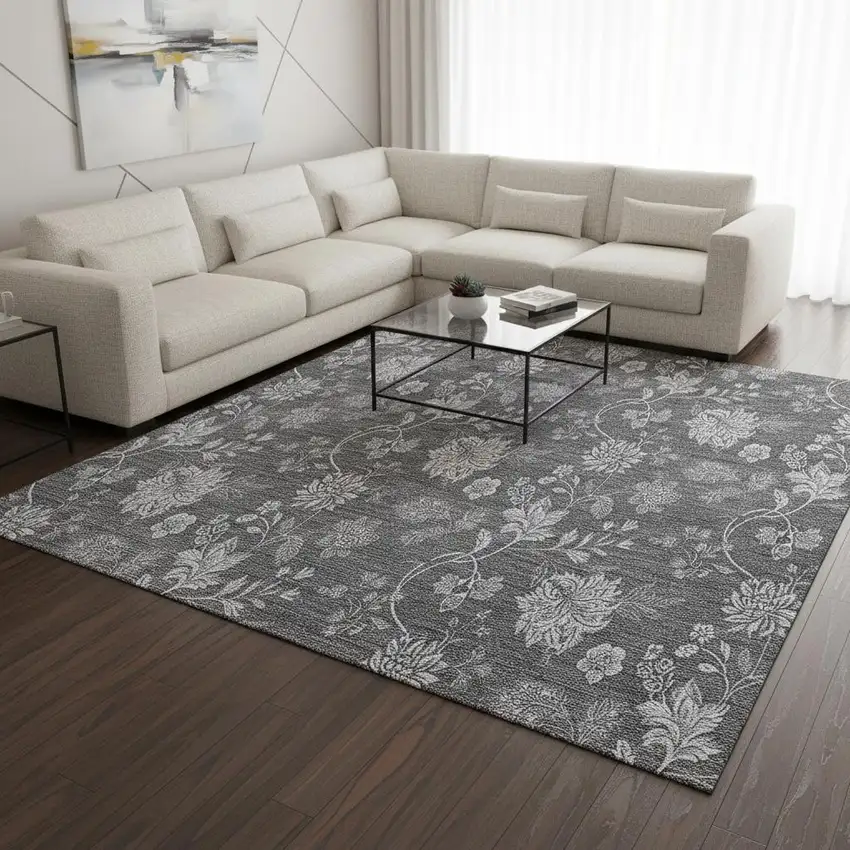Gray And Silver Floral Washable Area Rug With UV Protection Photo 1
