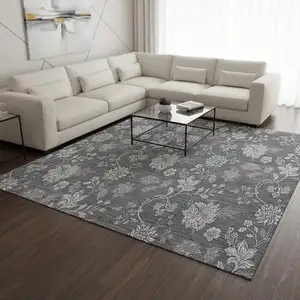 Photo of Gray And Silver Floral Washable Area Rug With UV Protection