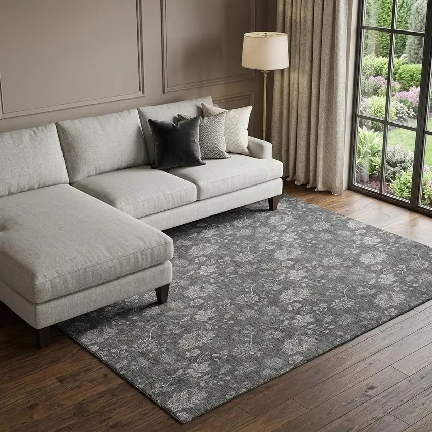 Gray And Silver Floral Washable Area Rug With UV Protection Photo 1