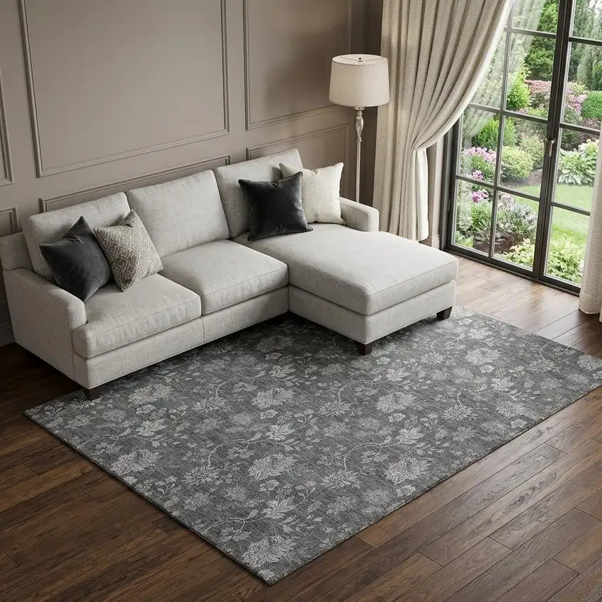 Gray And Silver Floral Washable Area Rug With UV Protection Photo 1