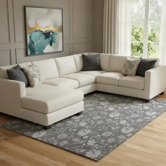 Gray And Silver Floral Washable Area Rug With UV Protection Photo 1