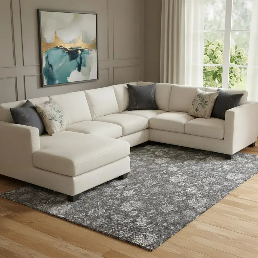 Gray And Silver Floral Washable Area Rug With UV Protection Photo 1