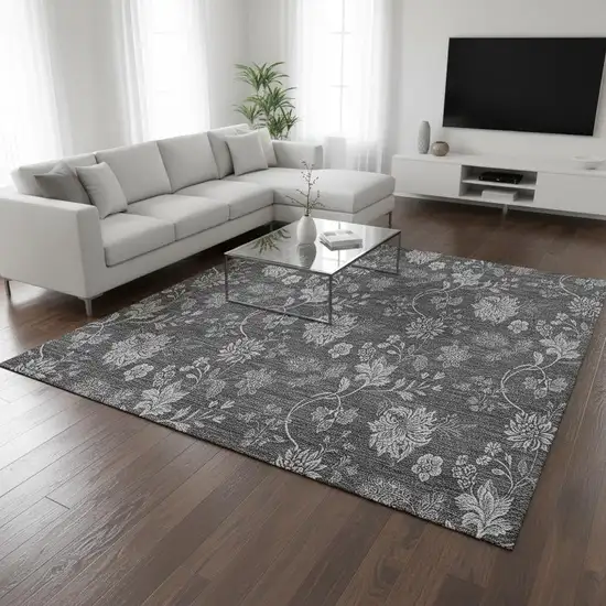 Gray And Silver Floral Washable Area Rug With UV Protection Photo 1