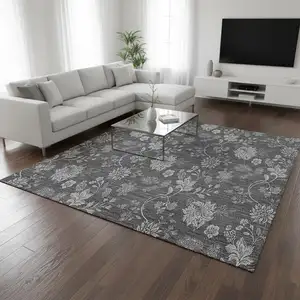 Photo of Gray And Silver Floral Washable Area Rug With UV Protection