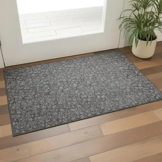 Gray And Silver Floral Washable Area Rug With UV Protection Photo 1