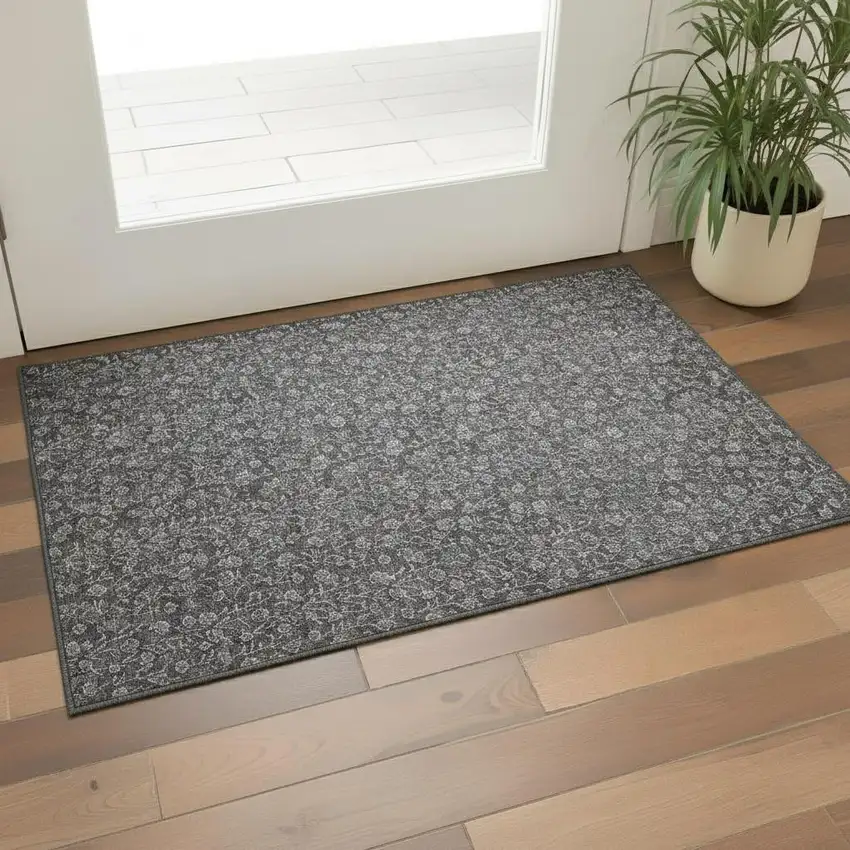 Gray And Silver Floral Washable Area Rug With UV Protection Photo 1